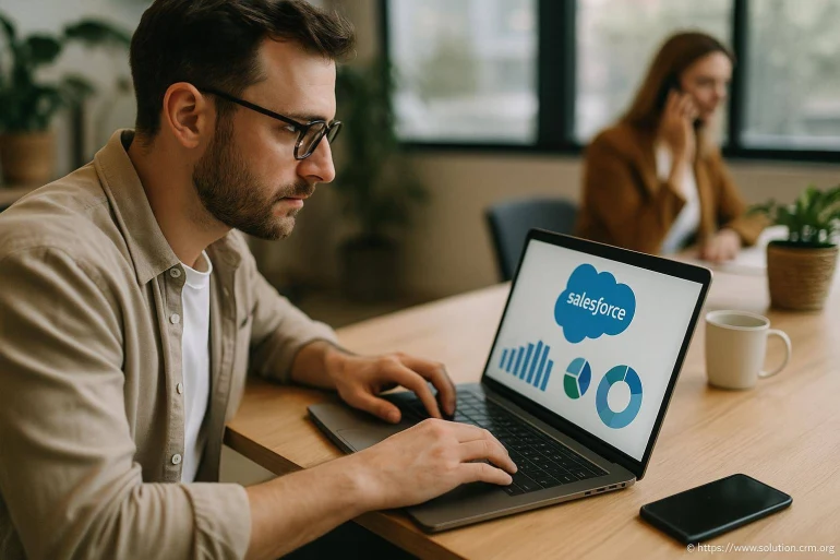 Homme travaillant sur Salesforce ordinateur portable