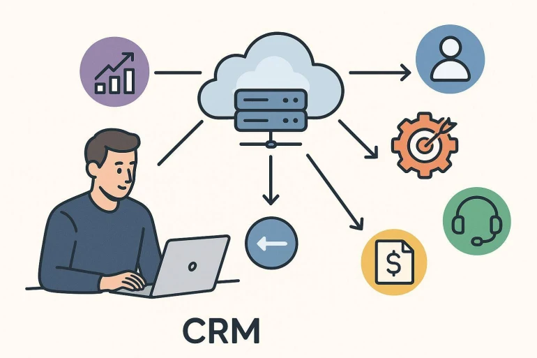 Illustration système CRM avec utilisateur et icônes