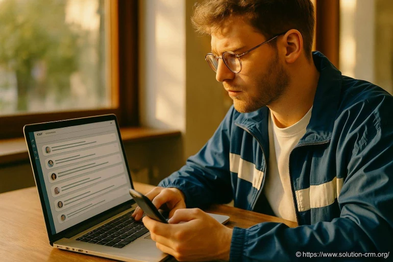 Jeune homme consultant téléphone et ordinateur