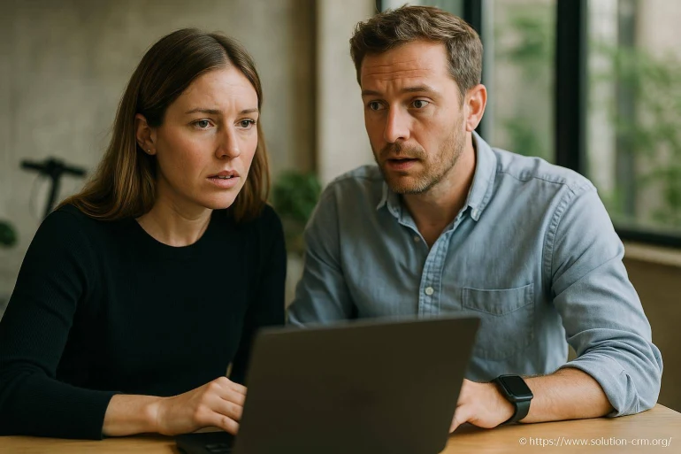 Couple inquiet devant un ordinateur portable