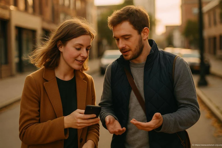 Jeune couple consultant smartphone en ville