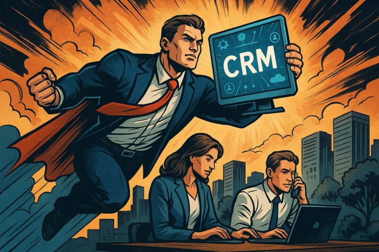 Homme super-héros tenant écran CRM