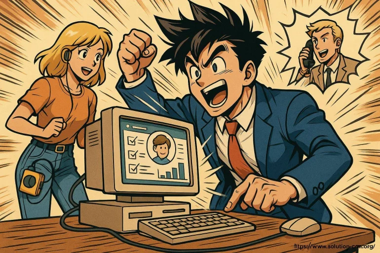 Personnages animés enthousiastes devant un ordinateur