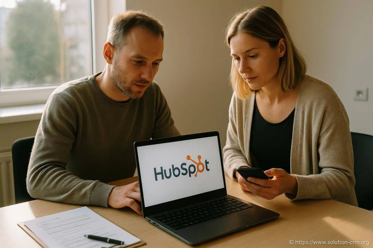 Deux personnes consultant HubSpot sur ordinateur