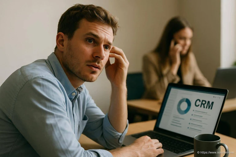 Homme pensif devant ordinateur CRM