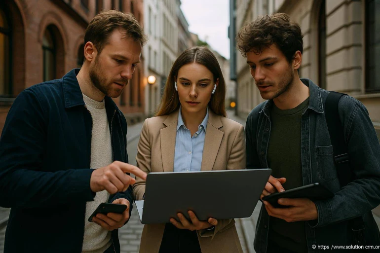 Trois jeunes adultes collaborant avec appareils numériques