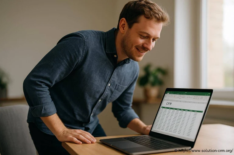Homme souriant consultant un CRM sur ordinateur
