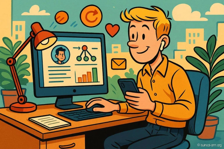 Jeune homme travaillant sur ordinateur et smartphone