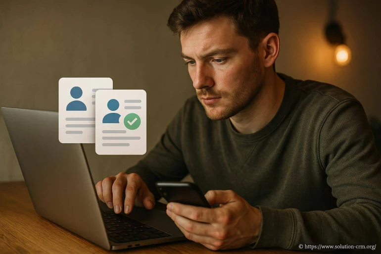 Homme concentré sur ordinateur et smartphone