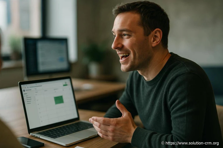 Homme souriant discutant devant un ordinateur
