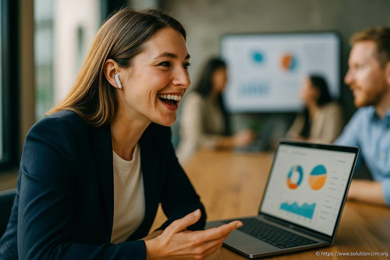 Femme souriante présentant graphiques sur ordinateur