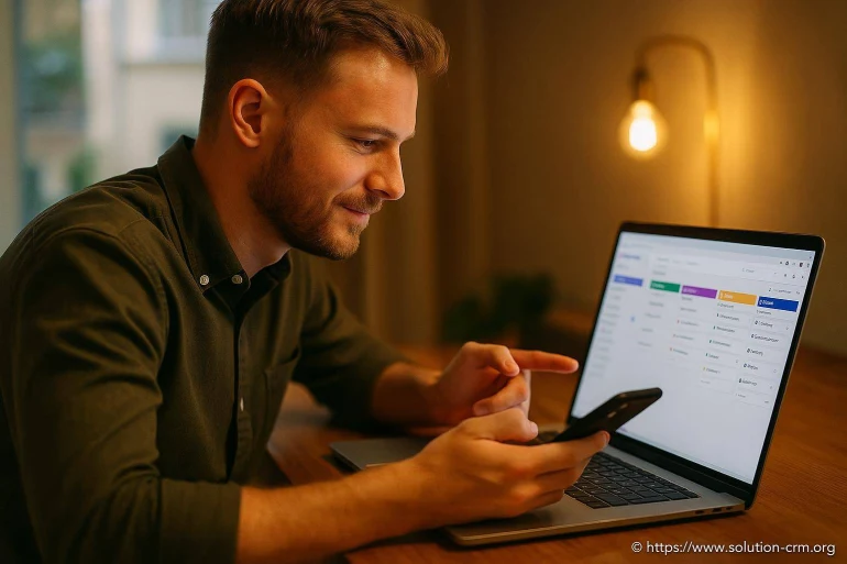 Homme utilisant smartphone et ordinateur portable