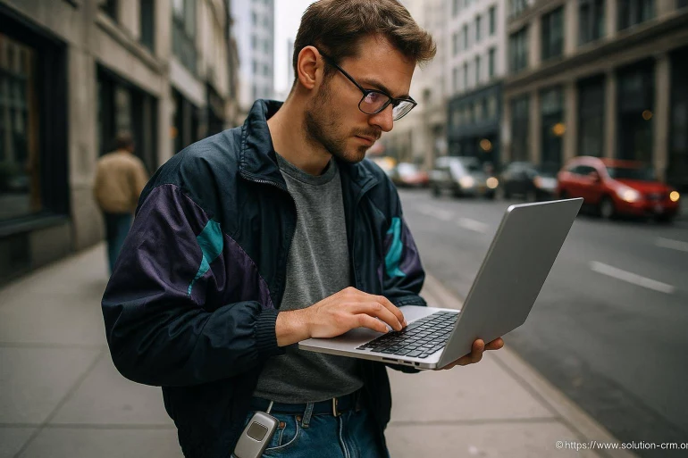 Jeune homme utilisant ordinateur portable en ville