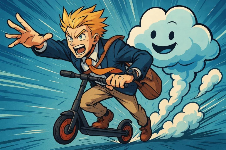Jeune homme dynamique en trottinette électrique