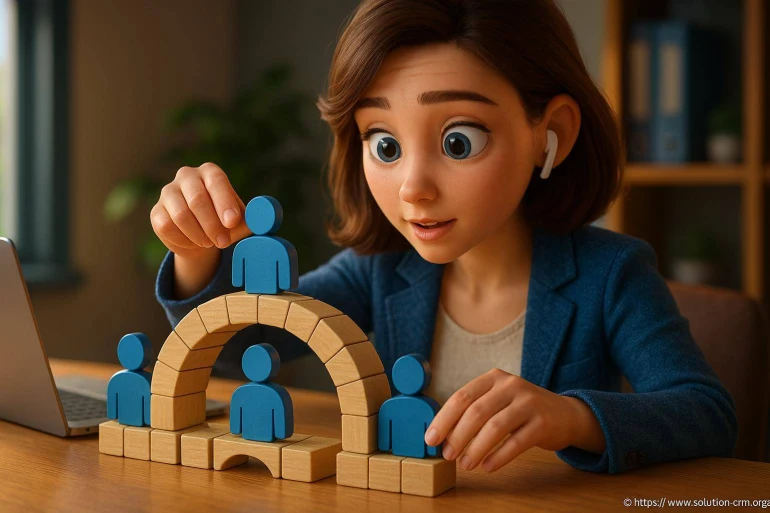 Femme construisant une structure en bois avec figurines
