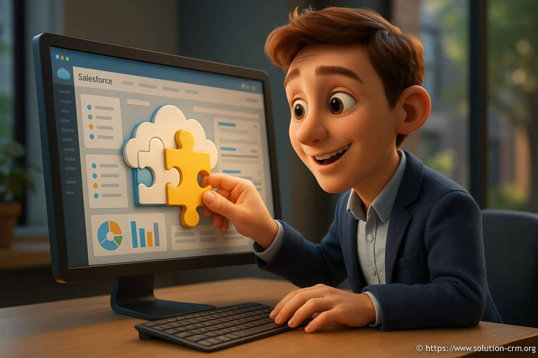 Personnage animé intégrant puzzle cloud Salesforce
