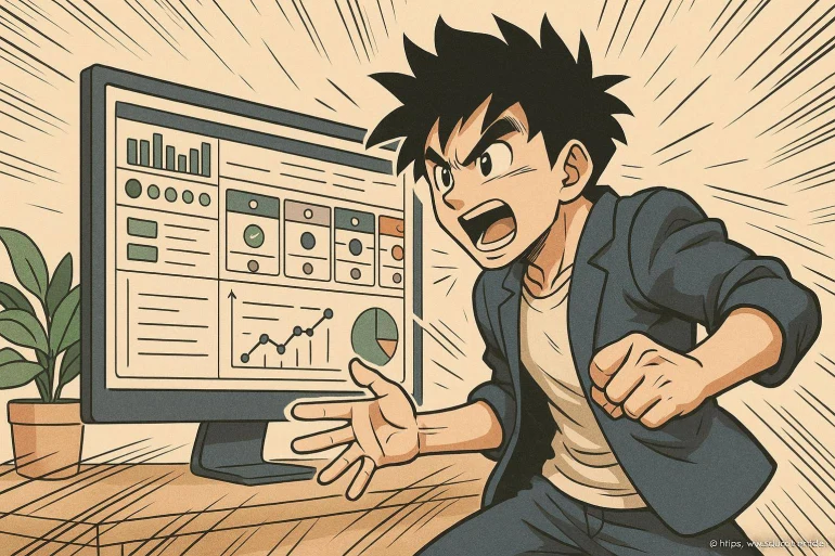 Personnage animé passionné devant écran graphique