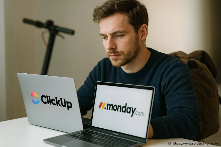 Homme comparant ClickUp et monday sur ordinateurs