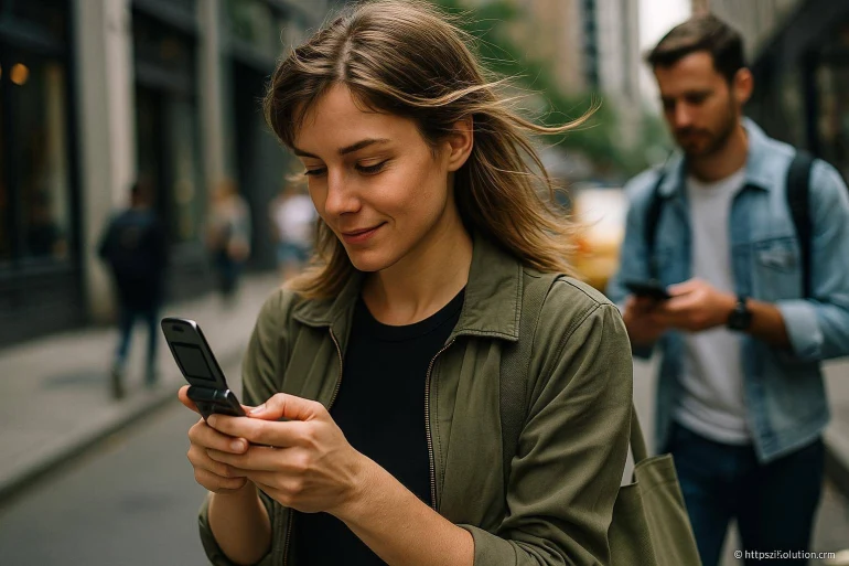 Femme utilisant un téléphone à clapet en ville