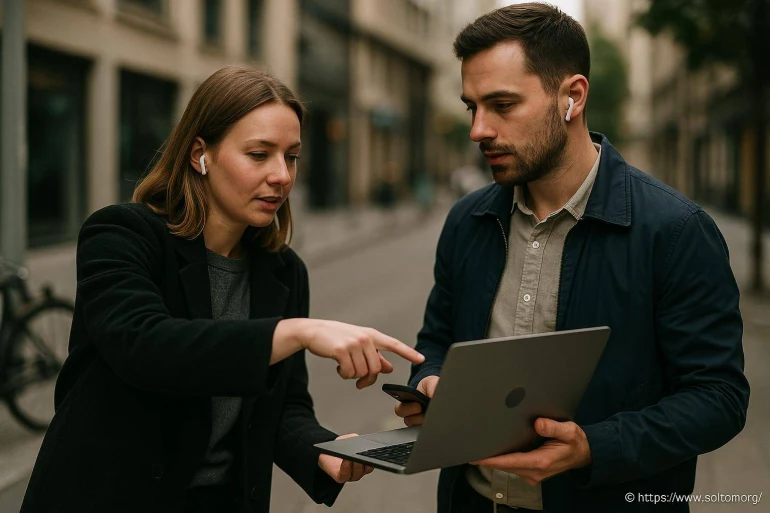 Deux personnes discutant avec ordinateur portable