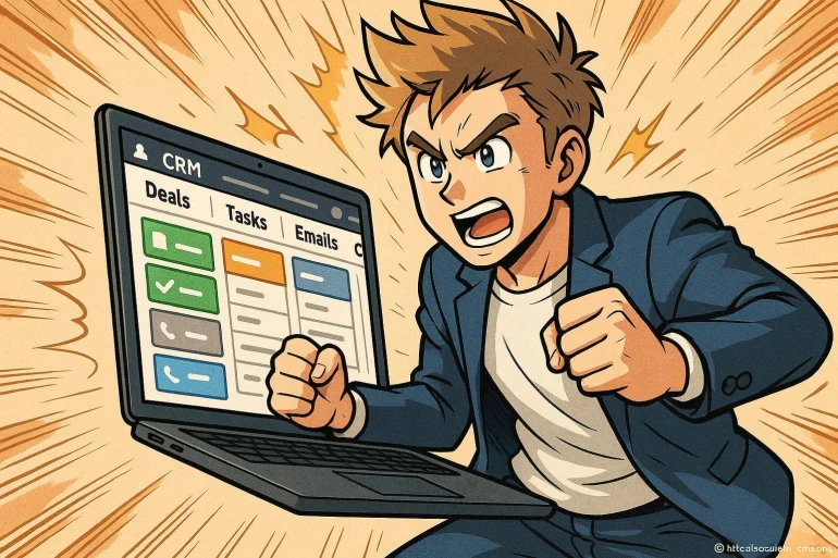 Homme animé énergique avec ordinateur portable CRM
