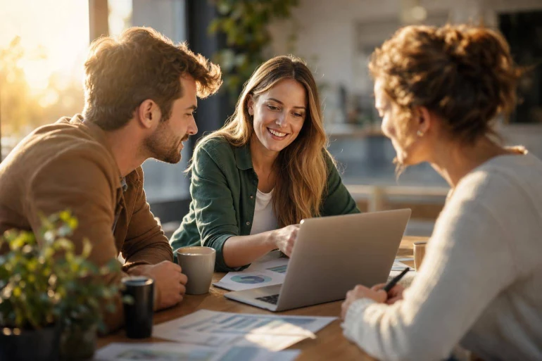 Trois personnes réunion travail ordinateur