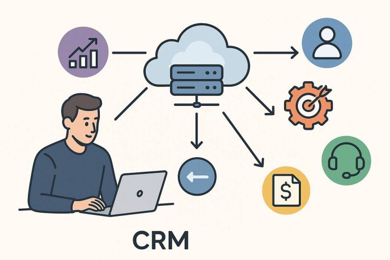 Illustration système CRM avec utilisateur et icônes
