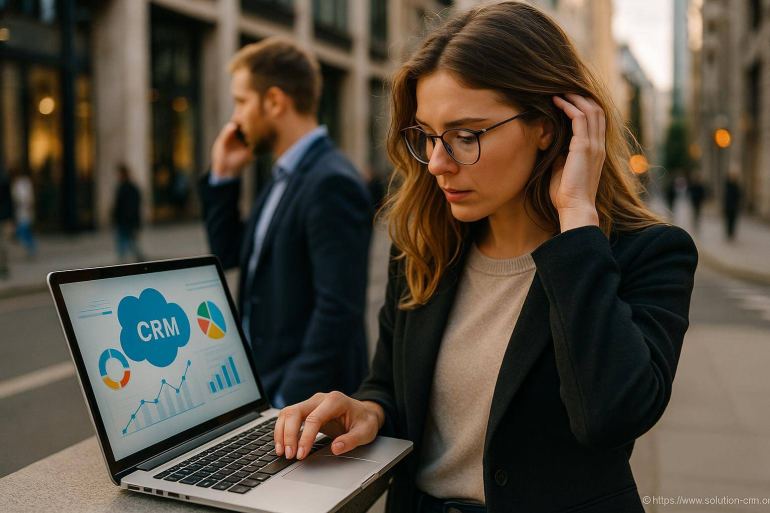 Femme travaillant sur CRM avec ordinateur portable