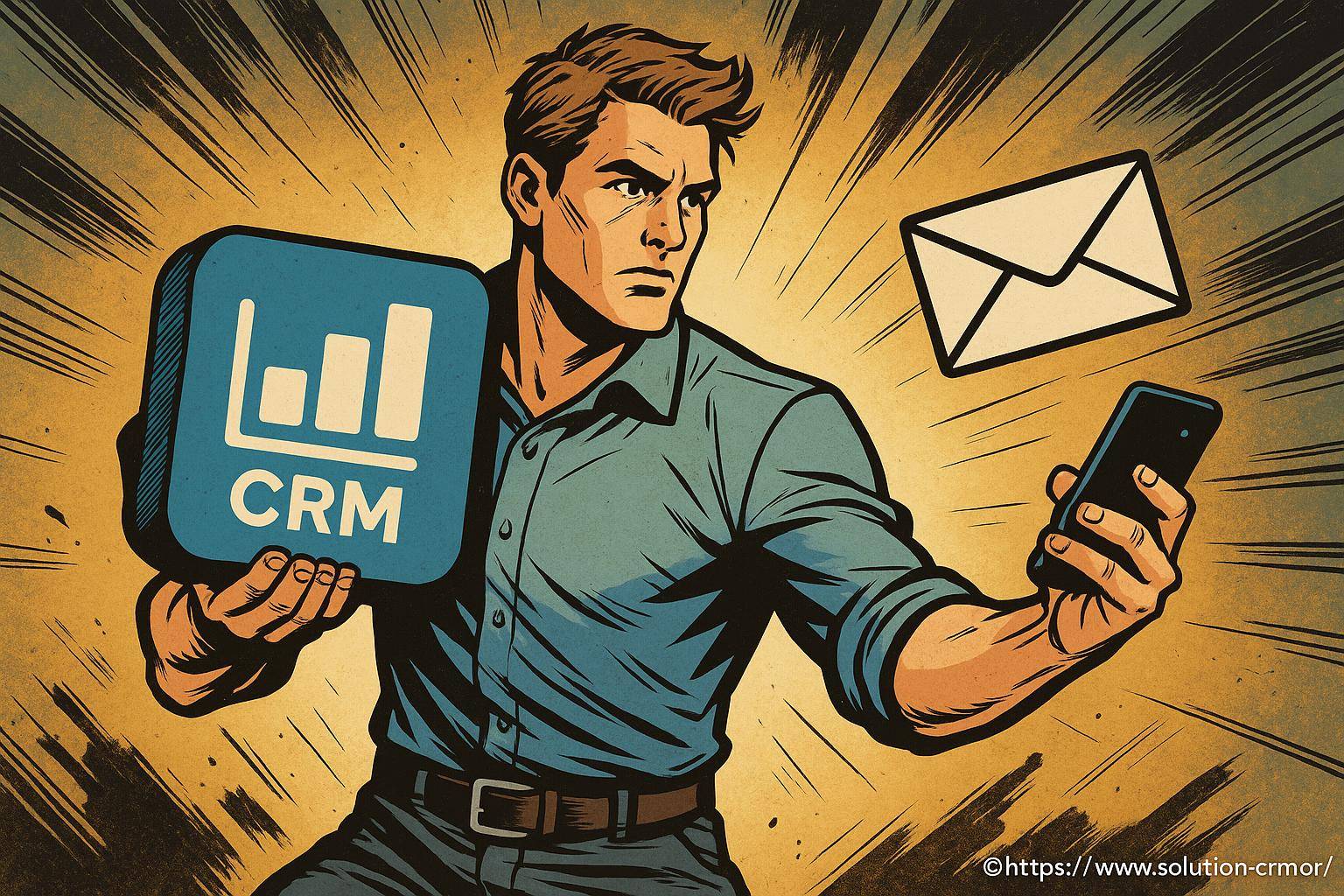 Homme tenant icône CRM et smartphone