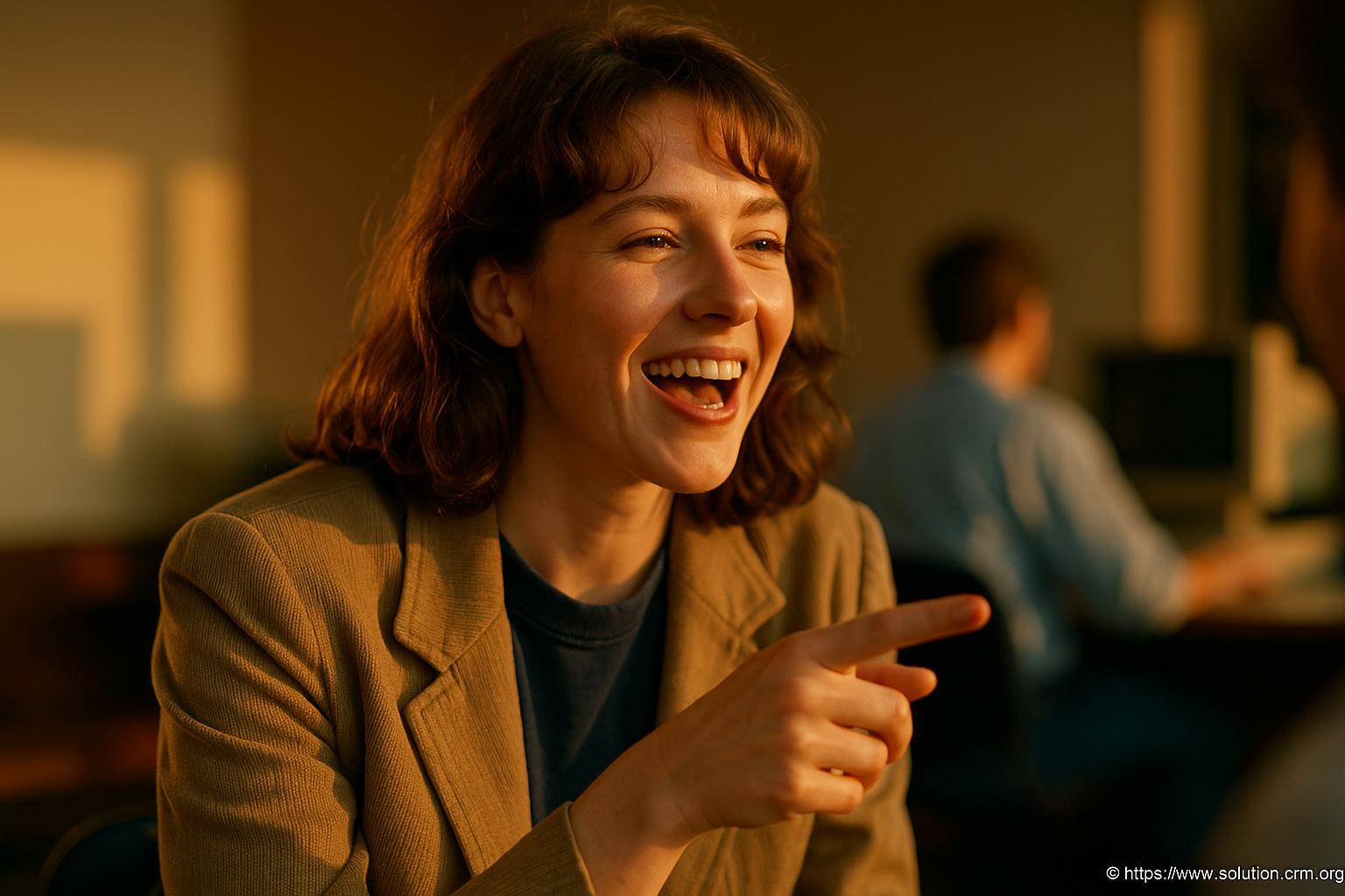femme souriante pointant du doigt