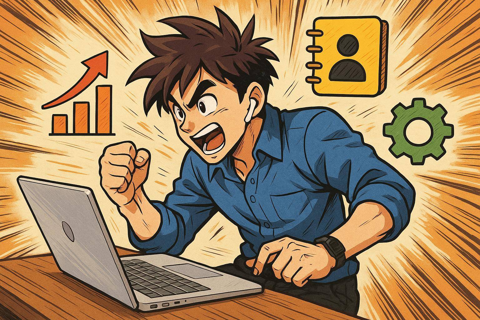 Jeune homme enthousiaste devant ordinateur portable