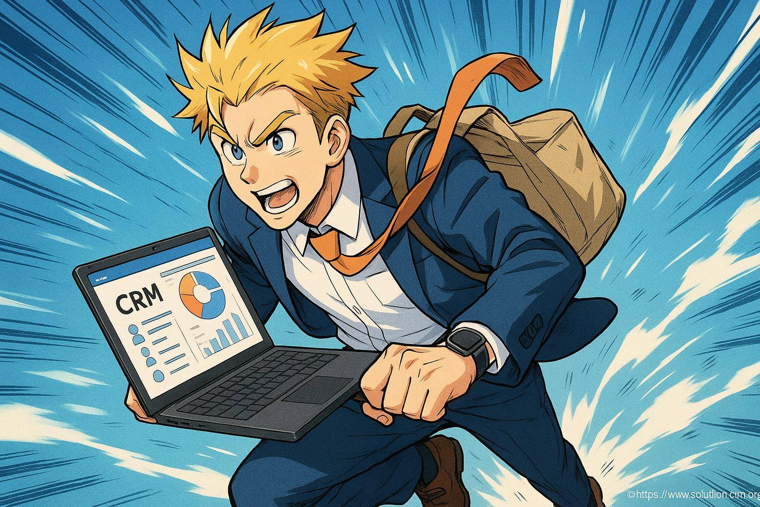 Homme d'affaires animé courant avec ordinateur portable