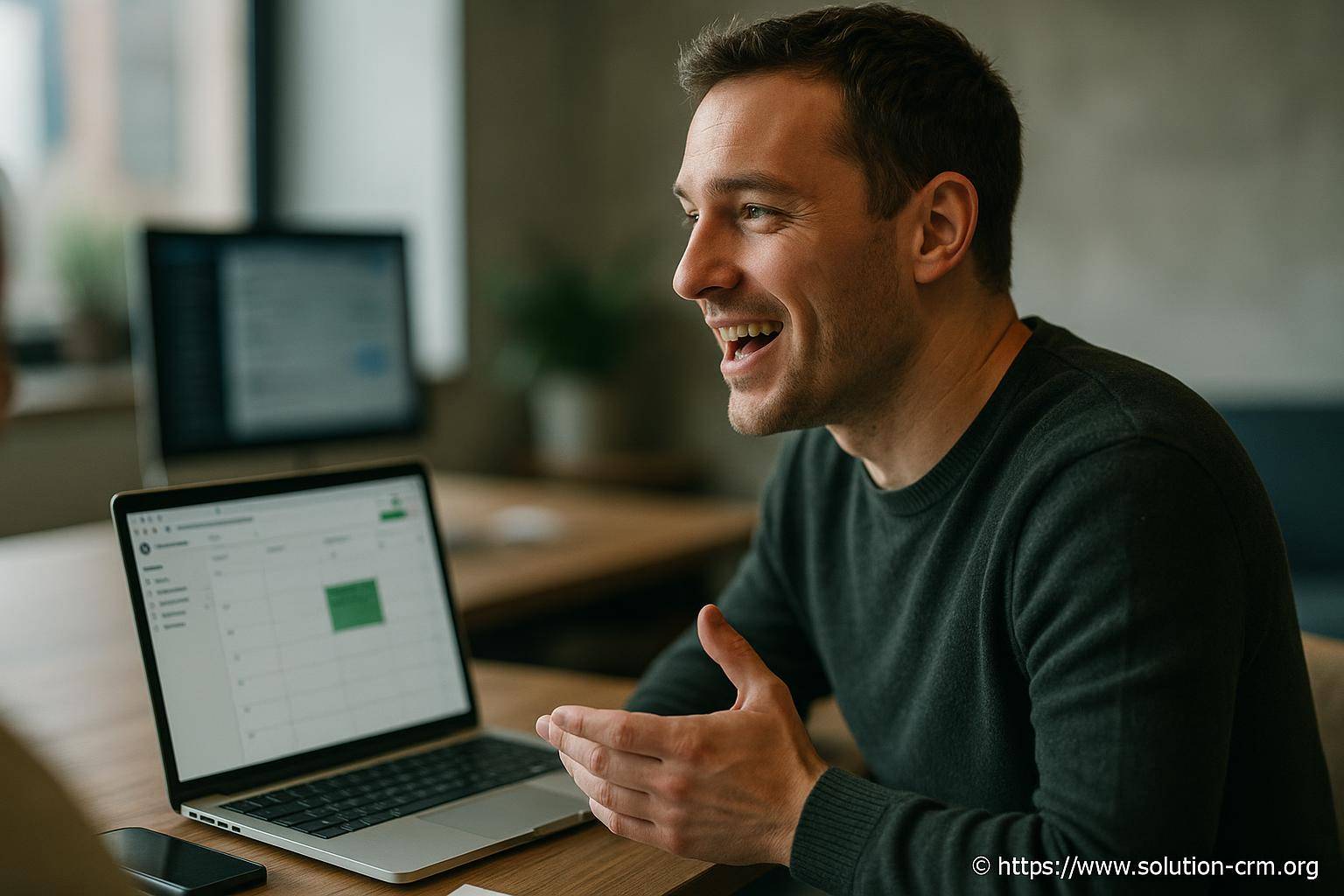 Homme souriant discutant devant un ordinateur