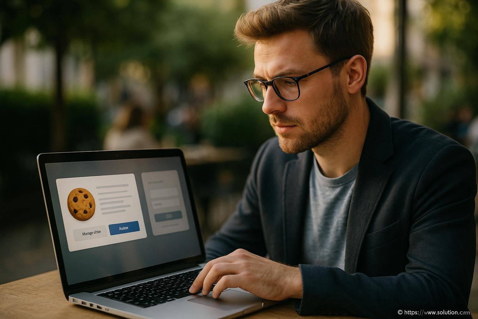 Homme consultant un avertissement cookies sur ordinateur