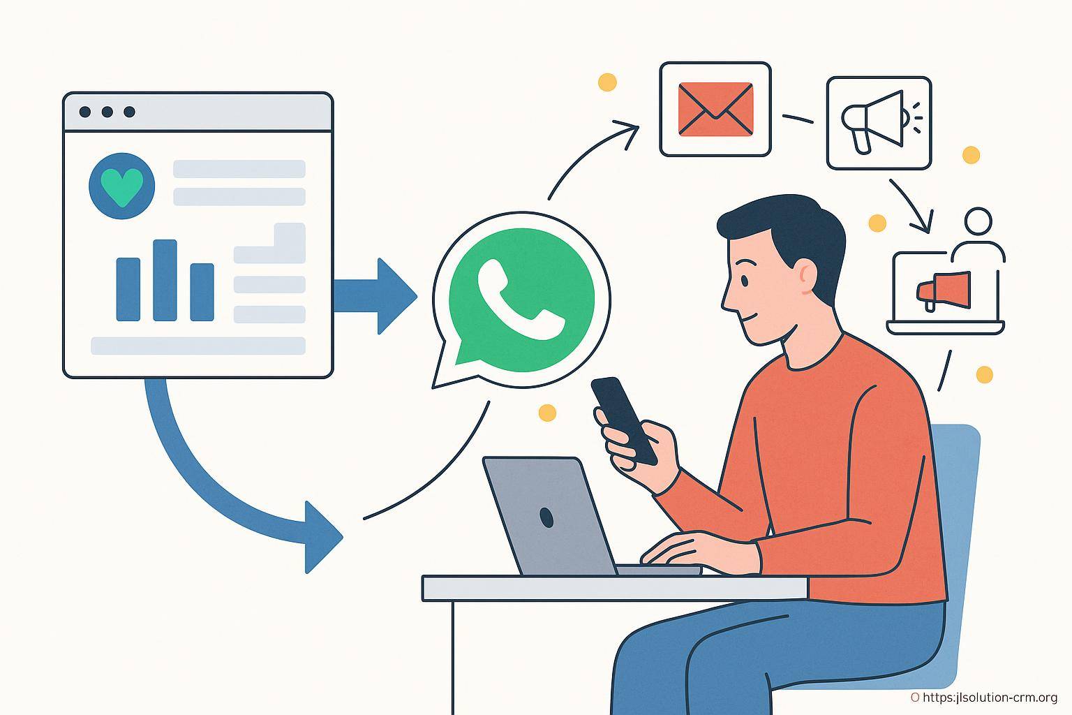 Illustration homme utilisant WhatsApp pour marketing