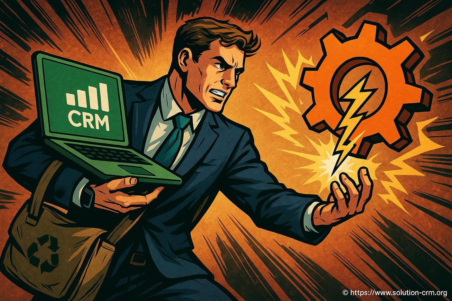 Homme d'affaires avec ordinateur CRM et engrenage électrique