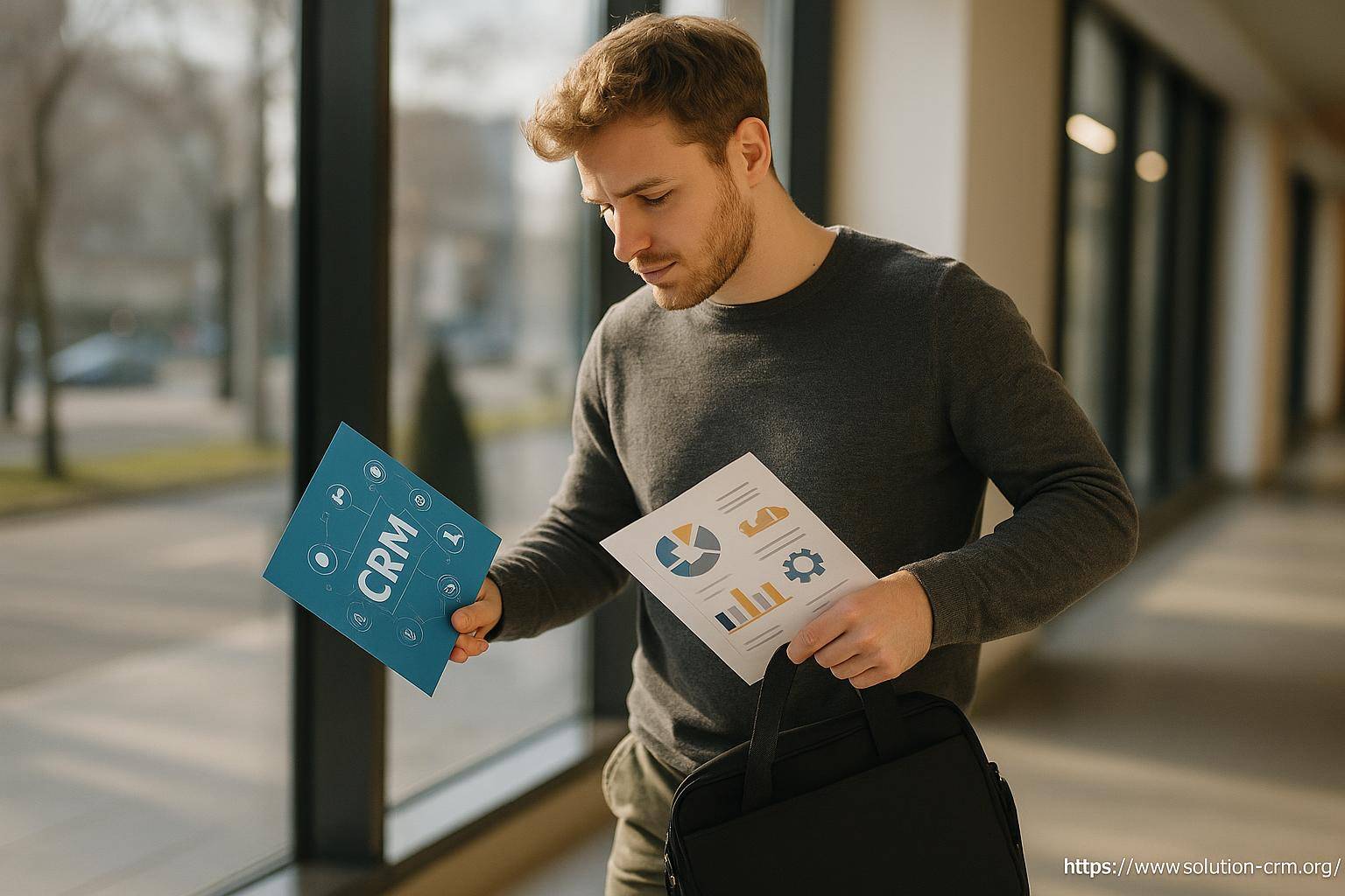 Homme avec documents CRM et graphiques