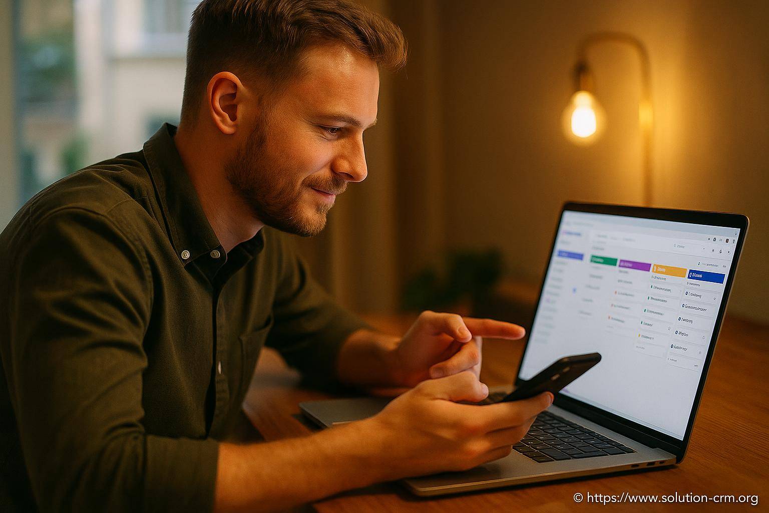 Homme utilisant smartphone et ordinateur portable