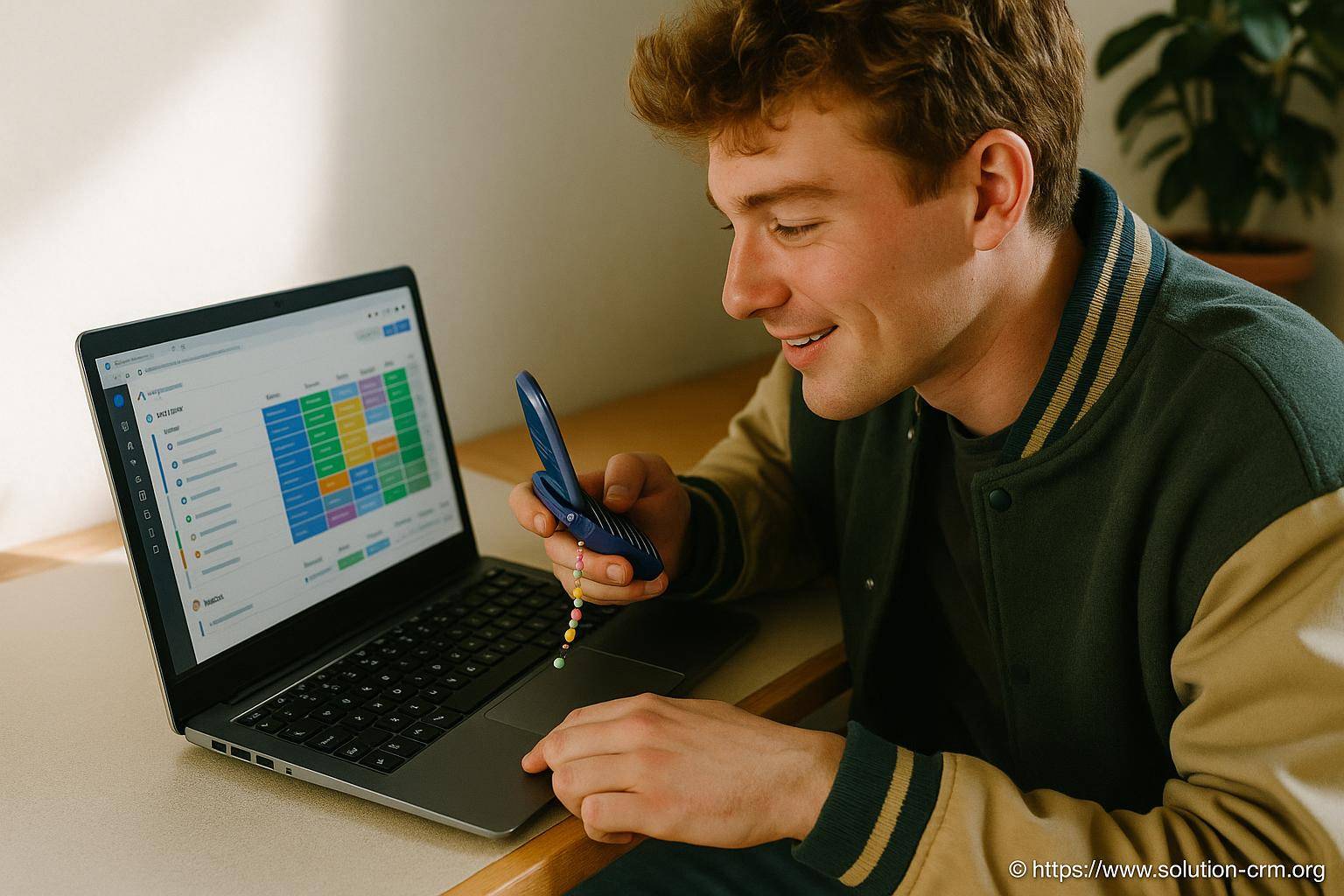 Jeune homme utilisant un téléphone rétro et un ordinateur portable