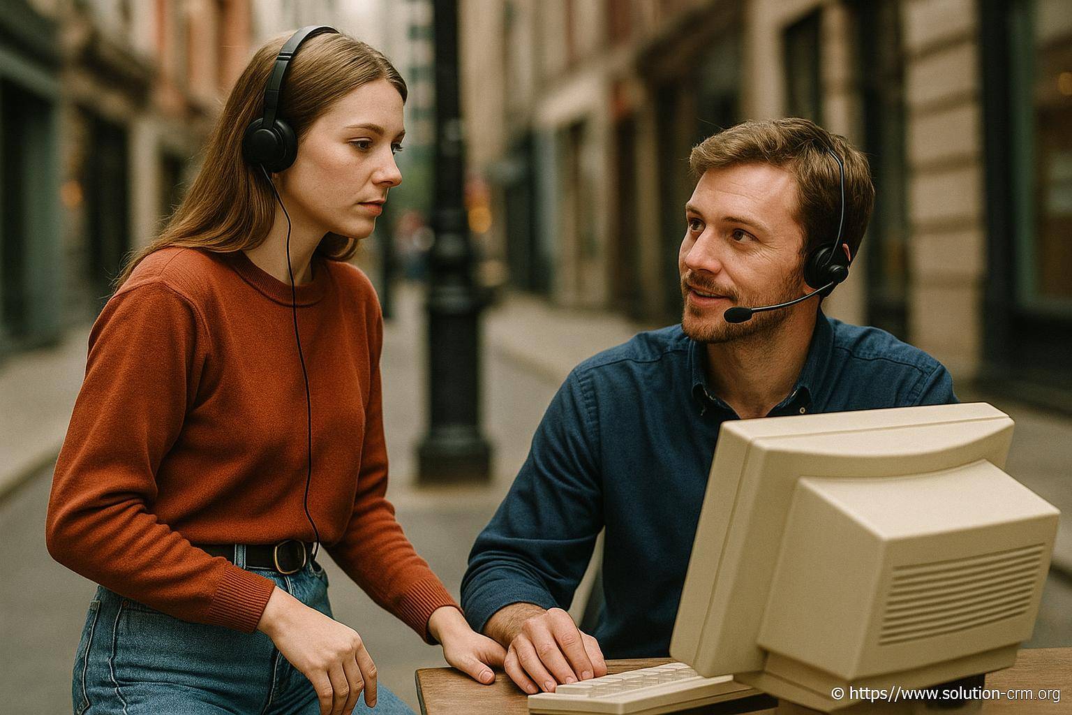 Deux personnes avec casques devant ordinateur vintage