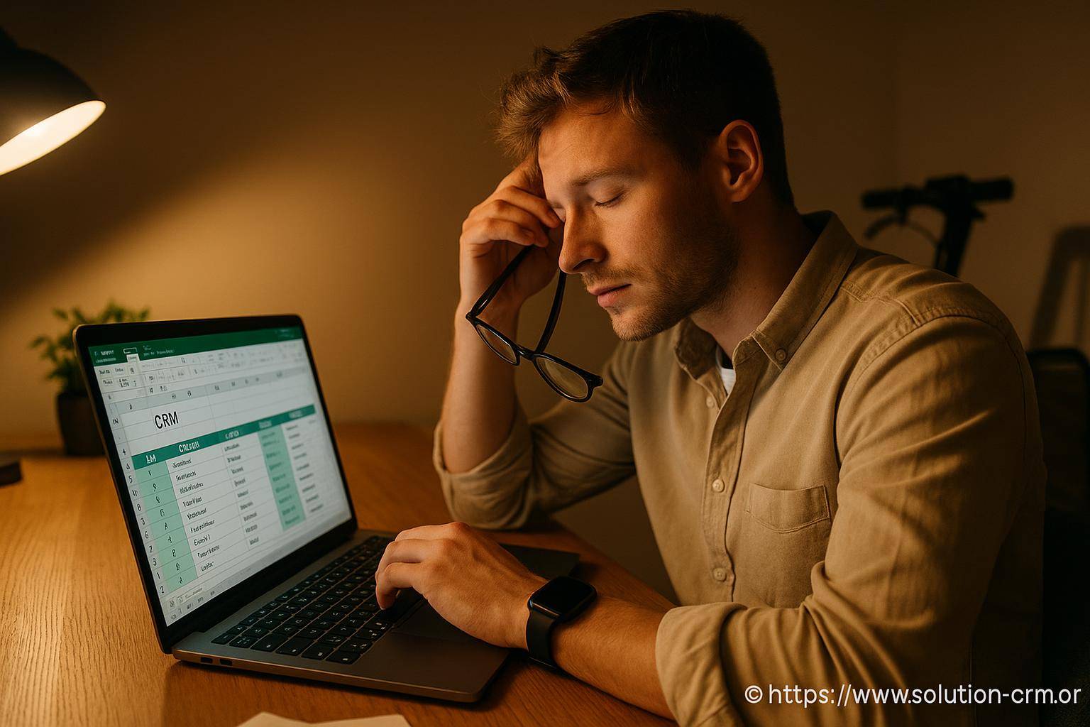 Homme stressé devant ordinateur portable CRM