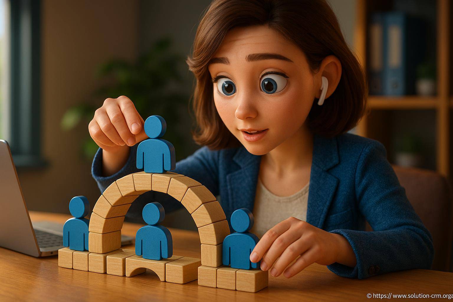 femme construisant une structure en bois avec figurines