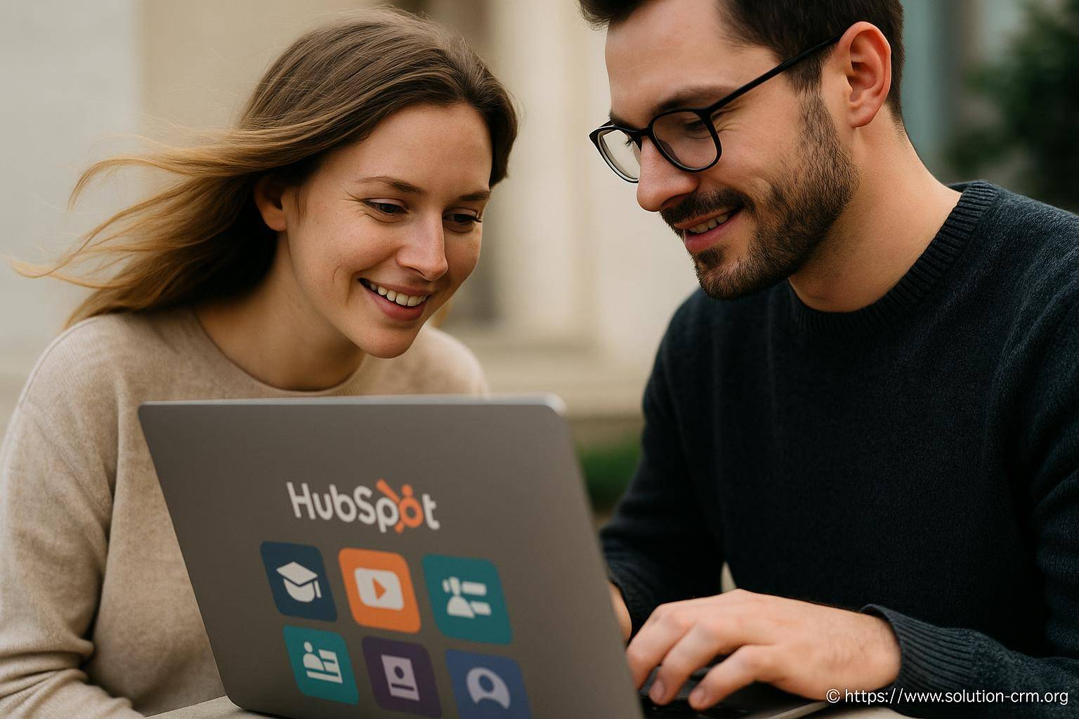deux personnes souriantes regardant un ordinateur portable