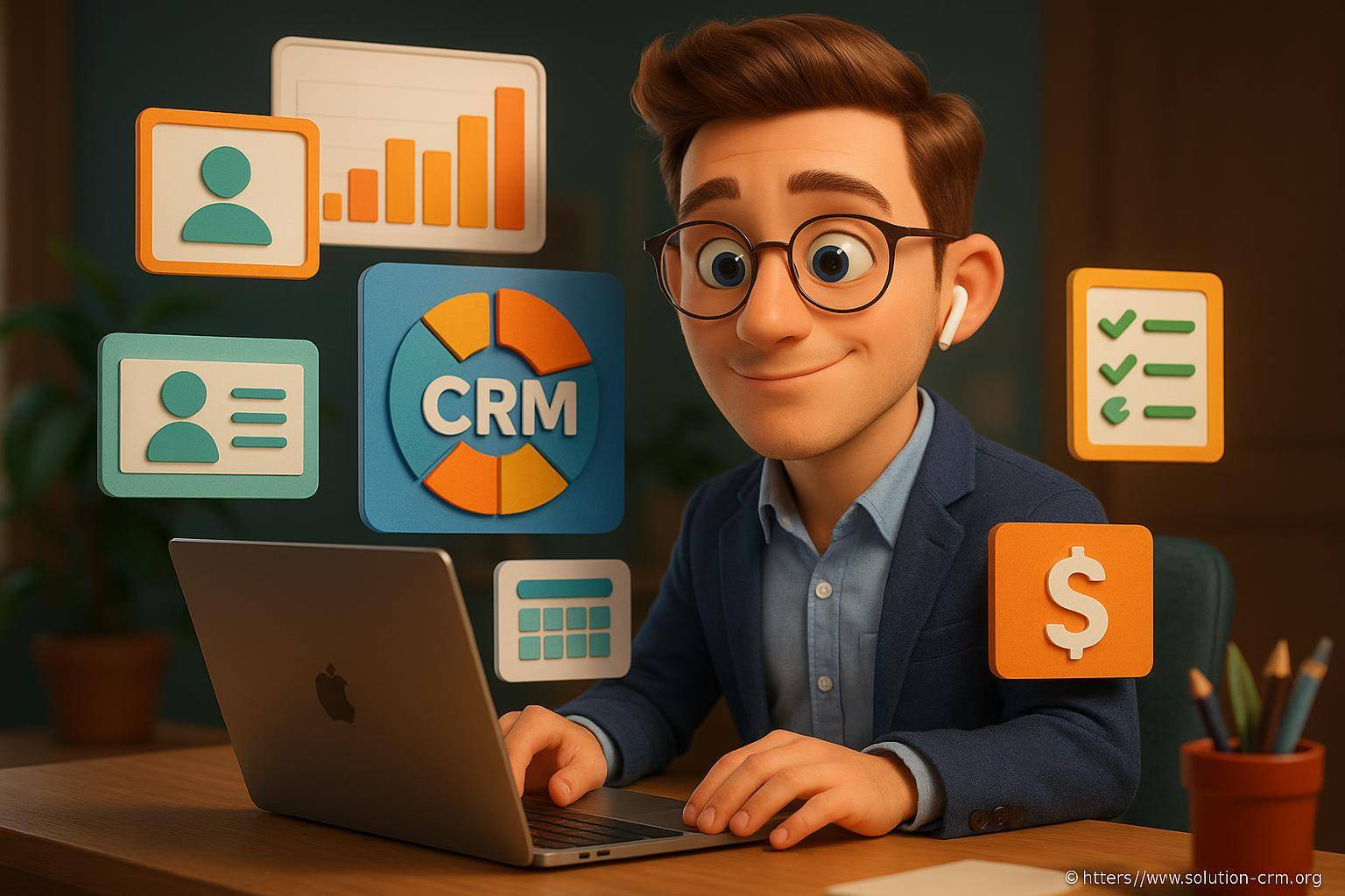 Homme utilisant CRM sur ordinateur portable