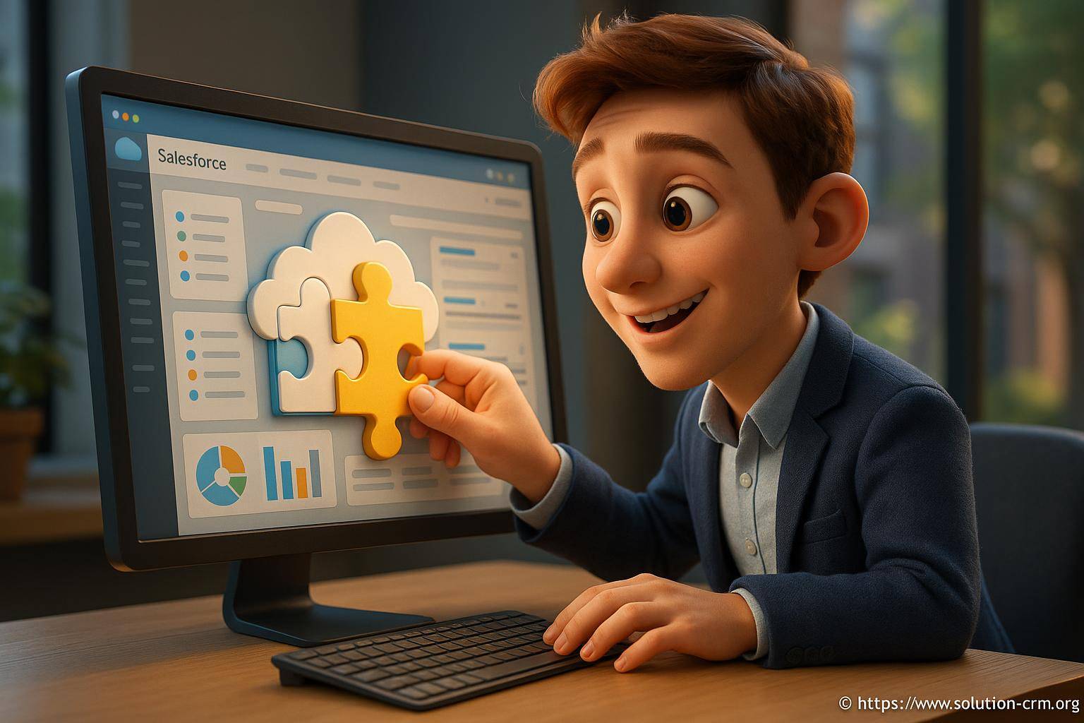 Personnage animé intégrant puzzle cloud Salesforce