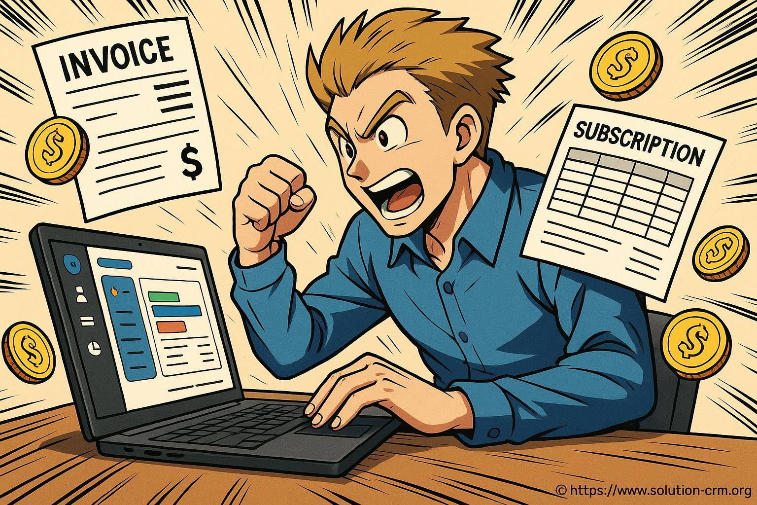 Homme frustré devant ordinateur factures abonnement