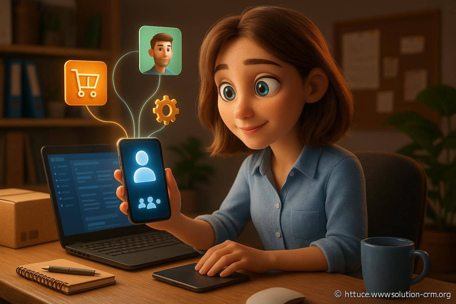 femme utilisant application smartphone bureau