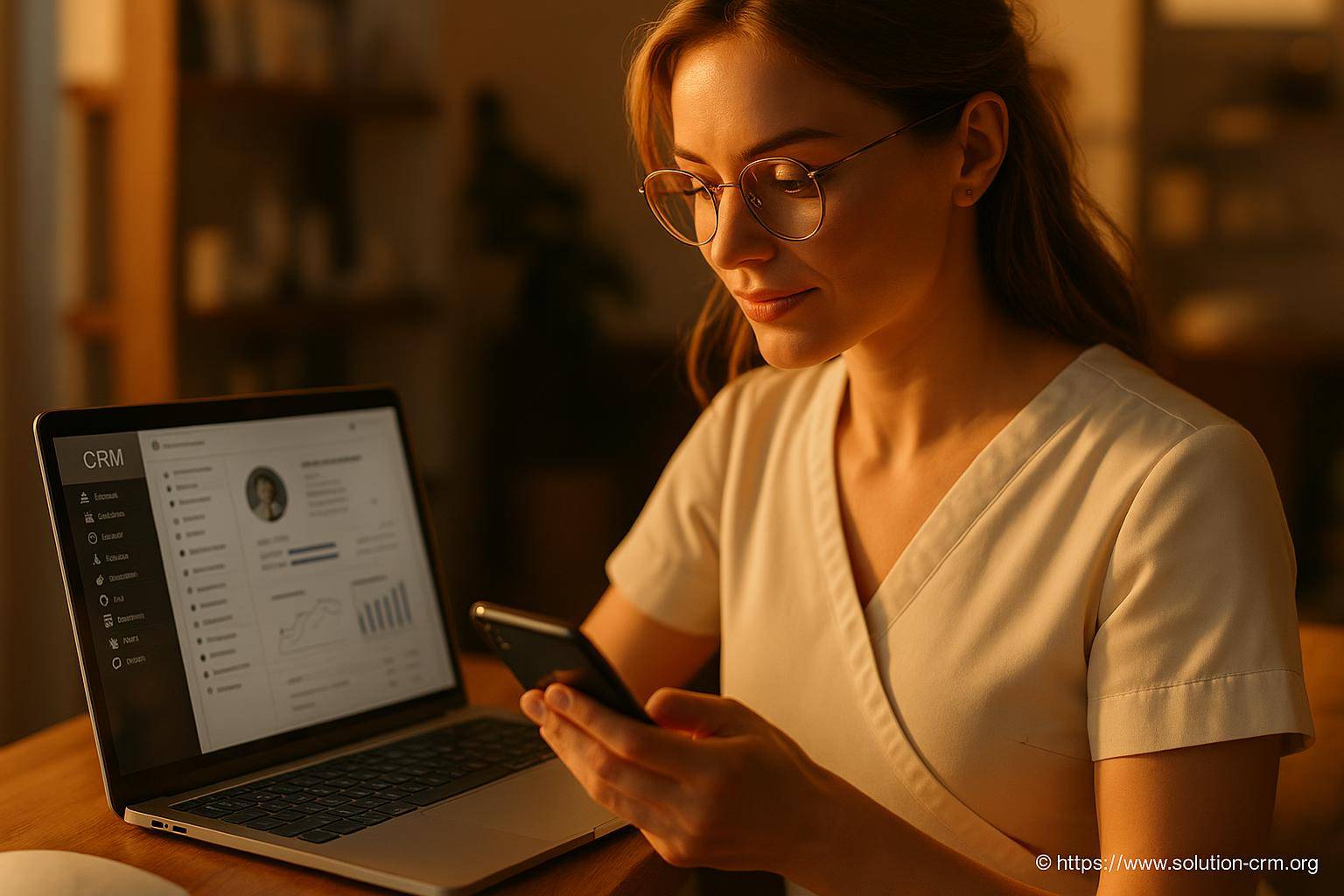 Femme utilisant smartphone et CRM sur ordinateur