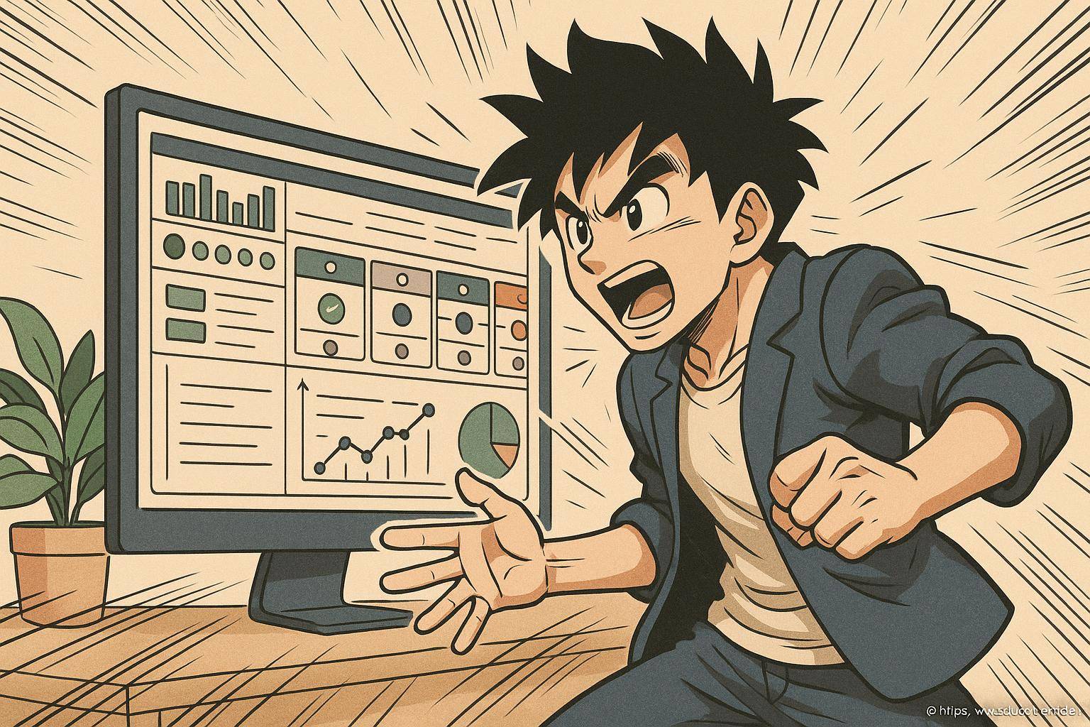Personnage animé passionné devant écran graphique