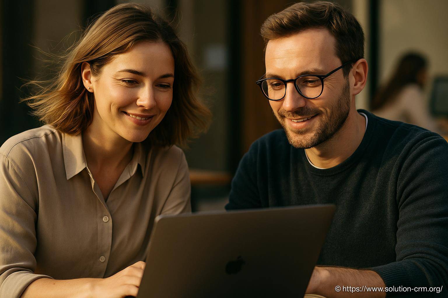 Deux personnes souriantes regardant un ordinateur